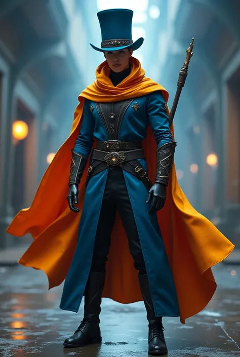 A magician, the man has a futuristic costume in blue tones with a top hat, a staff and an orange cape.