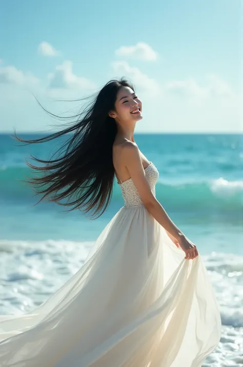 A beautiful women enjoyed the wind happily and she Wear a beautiful white long gown. She has black long hair. It fying in tge wind She standing front of a sea. The sea have beautiful wave 