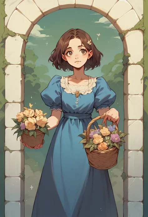 Young halfling girl, brunette, holding a basket and a flower, dark blue dress, poor