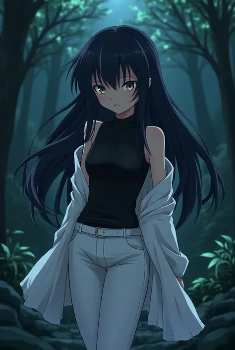 Female anime girl, from the anime series Hunter×Hunter. Ridiculous resolution, high resolution, (masterpiece: 1.4), super detailed, young girls chest-length jellyfish black hair, wearing a tight black shirt from the neck, The black shirt was tight from the...