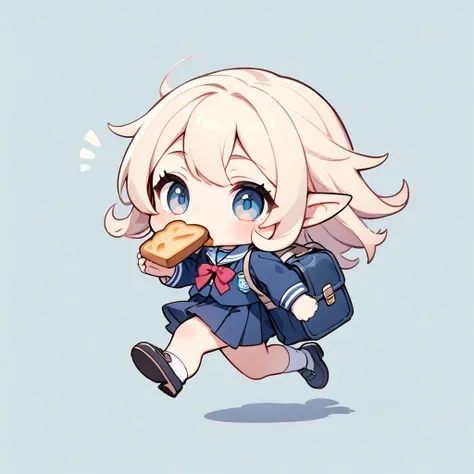 ultra-small deformation, Chibi Cute, 1 feminine Elf, Feminine face, solo, full body, She is running in a hurry, holding a piece of toasted bread in her mouth, high school uniform, Boston bag-style school bag. simple background