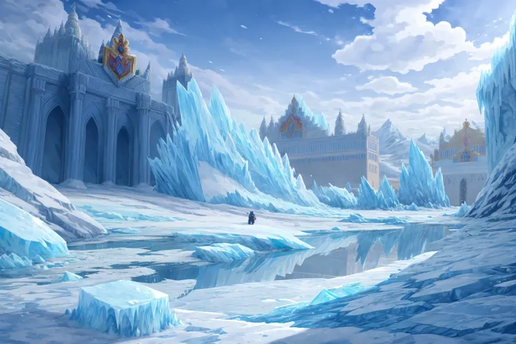 (sfw:1.5), (Scenario, Vision:1.4), ( sky blue :1.3), ( a demon flying in the air in the distance:1.1), Clouds, (palace, Royal Palace:1.5), daytime,(Snow, Glacier, glacier, Flowing ice , 飞溅的Snow:1.2),  blue ice cubes ,  ice blue earth ,  blue white ground, ...