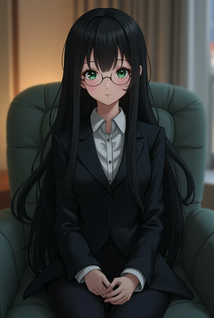 Anime girl with round glasses, black hair, green eyes, wearing a suit.long hair sitting on the sofa
