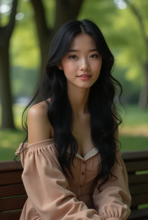 A photorealistic portrait of a youthful, 20-year-old American woman, highlighting her rich black hair and mesmerizing brown eyes. She wears a chic, modem ensemble and is pictured sitting on a bench in a picturesque park. This image should boast 8k HDR qual...