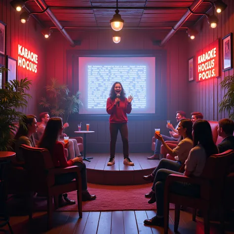 "A realistic karaoke scene inside a cozy house-turned-karaoke bar called KARAOKE HOCUS POCUS. The interior is warmly lit, with neon signs displaying the bars name. In the middle, a singer performs joyfully on a small stage, while a large screen in the back...