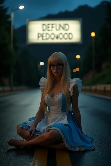 Beautiful woman dressed up as Alice in Wonderland. 

Long straight blonde hair with bangs. Blue eyes. Large breasts, hourglass curvy busty figure. Black rimmed rectanglular glasses.  

She is sitting in middle of a road at night. 
A large sign behind her o...