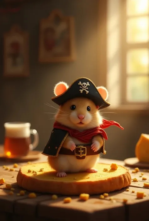 In the warm glow of a rustic tavern, a piece of bread holds center stage. Yet, it is not the bread that draws the eye, but the enchanting scene upon it. Here, a super cute hamster, donning a miniature pirate costume complete with a jaunty tricorn hat and a fiery red bandana, embarks on an epic voyage. The bread serves as his unlikely vessel, navigating through a sea of spilled ale and gold-tinted cheese. The setting sun filters through dusty windows, casting a golden halo around the tiny adventurer, while the soft murmur of bardic tunes and stories fills the air. Patrons, with eyes gleaming in amusement, raise their mugs in salute to this bold captain of crumbs, who, in his Halloween garb, spins tales of treasure chests and siren songs, imbuing the evening with an air of mischief and daring.