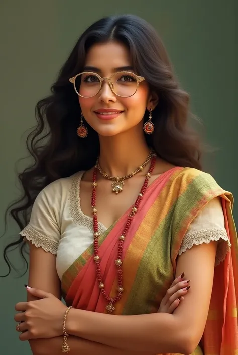 Beautiful woman with sharee, white design short blouse and beautiful metallic spectacles frame, some smile, ware beautiful jewelry, wavy_hair, say namaste 