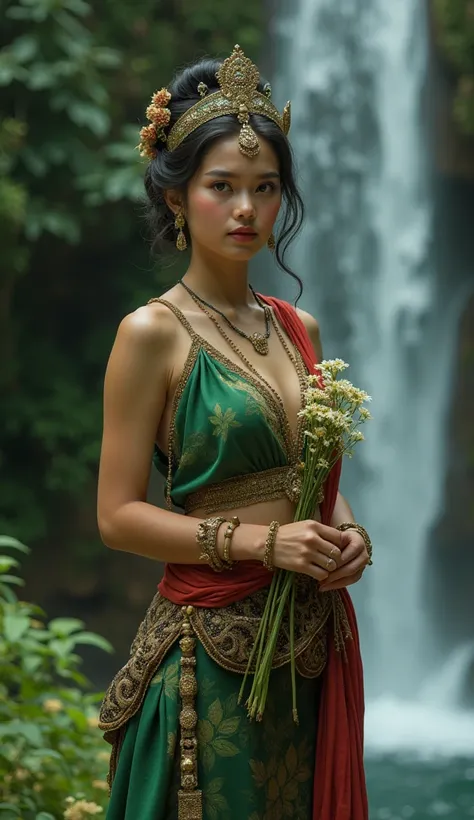  a 23 year old girl  (java ,black eye,beautiful,dressed in green color , holding mawat flowers ), background waterfall permai object (berpakian java ,kebaya)  wears batik sarong and red shawl ornaments( head ornament )( crown of gold in mahbarata style )ob...