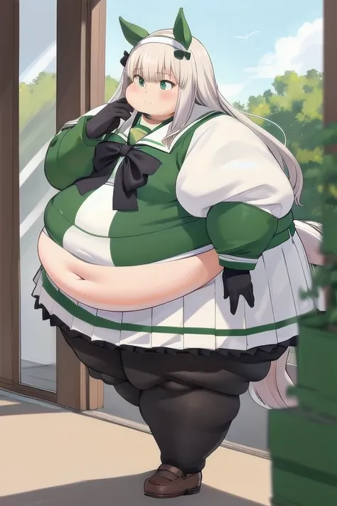 masterpiece,  best quality,  High Resolution , Foundation, Long Hair, Animal ears, ear covers,  white hair band , Horse tail, Green sailor collar, BLACK BOW,  white shirt ,  layered sleeve, Green Sleeves,  black gloves, White Skirt,  black pantyhose , glas...