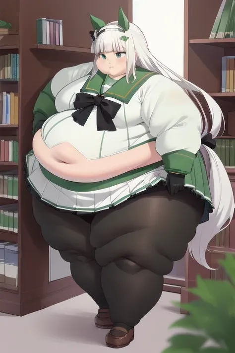 masterpiece,  best quality,  High Resolution , Foundation, Long Hair, Animal ears, ear covers,  white hair band , Horse tail, Green sailor collar, BLACK BOW,  white shirt ,  layered sleeve, Green Sleeves,  black gloves, White Skirt,  black pantyhose , glas...