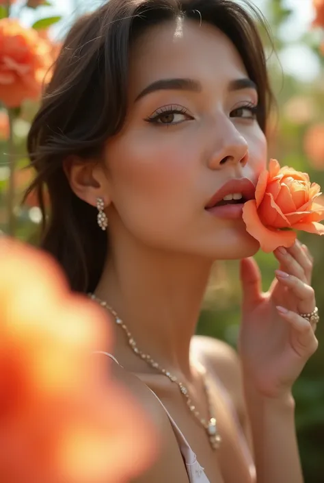 A macro photo of a model woman saint laurent look with flowers, motion blur with a blurred background, a light and airy feel, natural lighting