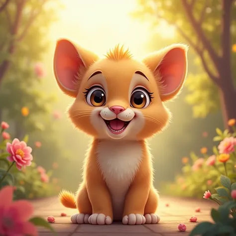 Create an adorable and playful image of a baby animal (such as a puppy, kitten, bunny, or baby lion). The animal should be in a playful pose with a facial expression that conveys joy and curiosity. The background should be colorful and cheerful, perhaps a ...