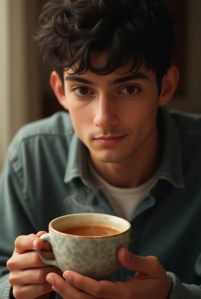  Boy of 21 with short dark hair, Heaped tea , highly realistic 