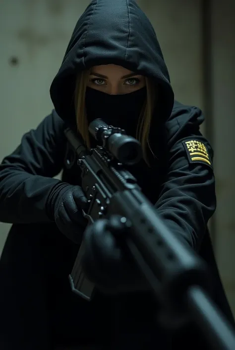 Military girl with covered face and covered hair 
Wearing a black suit using a sniper rifle dark blonde hair 
green eyes white skin 
And that he has the military rank of lieutenant 
And the name Paola 