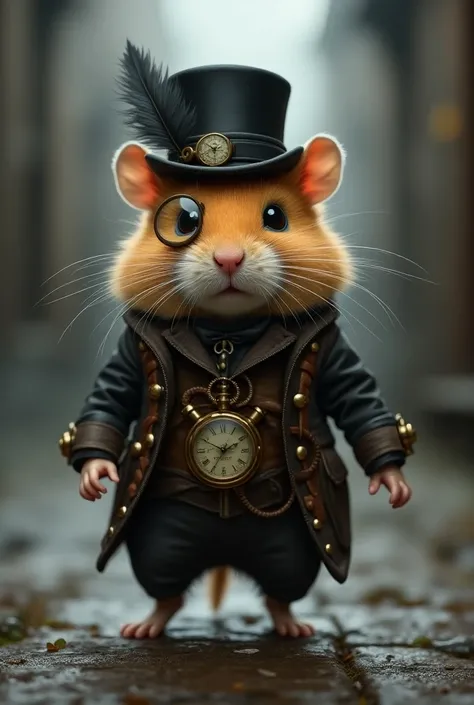 In the mist-laden corridors of a shadowy Victorian alley, where the air is thick with the scent of brewing storms, there embarks a hamster transformed into a bold adventurer of the steampunk realm. His costume, an extraordinary concoction of brass gears an...