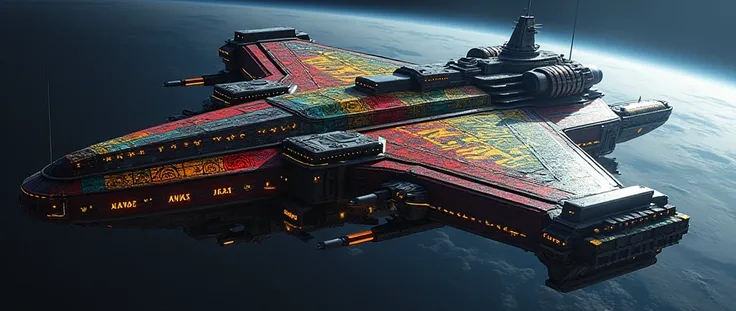 An full image of a long wide giant heavily armored futuristic flying all terrain warship, covered in rainbow batik pattern and glowing javanese runic symbols, multiple turrets, multiple missile banks, VTOL thrusters, laser cannon, space background