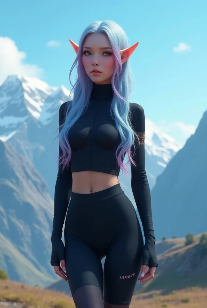 (photorealism:1.2), A photo of an elf woman with fading blue to pink hair. She is wearing a black turtle neck,black cycling shorts,black thigh high stockings and boots. She is standing in a relaxed posture .the background is  in blue sky  and the mountains...