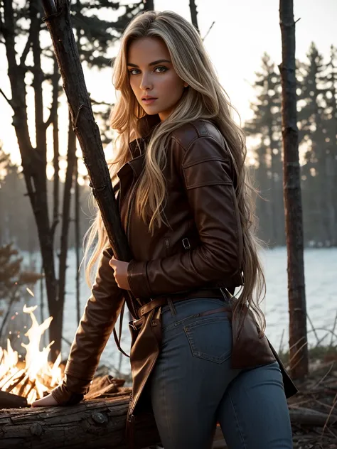 An ultra hot gorgeous European woman, age 23. She’s a playmate and men magazine supermodel. Long wavy blond hair, messy wind blown hair, Full body, sitting by a campfire, wearing brown leather coat, dark blue jeans, (extremely detailed 8k wallpaper), mood ...