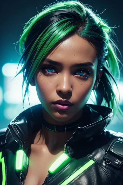 cyberpunk girl, dark skin, fluorescent green hair, leather jacket, detailed face, beautiful eyes, detailed nose and lips, intricate cybernetic implants, neon city background, glowing neon lights, dynamic pose, realistic lighting, cinematic composition, dra...