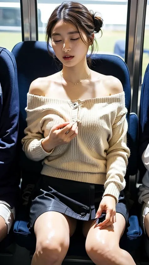   beautiful Japanese woman wearing a G jacket 、Sleeping on the bus、(With your eyes slightly closed)、((Wearing a mini skirt))、Off-the-shoulder sweater、Sexy thighs、Part of her white pants is visible、Updo,  view from below 、Detailed face、 beautiful small clea...