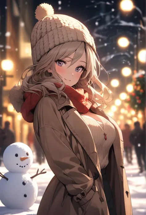 Woman in snow garden, winter clothes, cleavage, breast, standing beside snowman ☃️, happy face, 