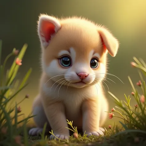 Generate a hyper-realistic image of a baby animal, such as a puppy, kitten, or bunny. The animal should be depicted in a natural setting, with realistic textures that showcase the softness of its fur and the glimmer in its eyes. Focus on fine details like ...