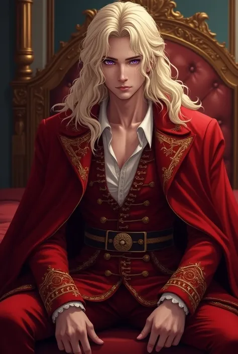 Beautiful, hot,  sexy Prince Targaryen with long curly platinum blond hair,  hes wearing a royal red silk prince costume ,  hes sitting on a king bed , purple eyes , Realistic anime  ,