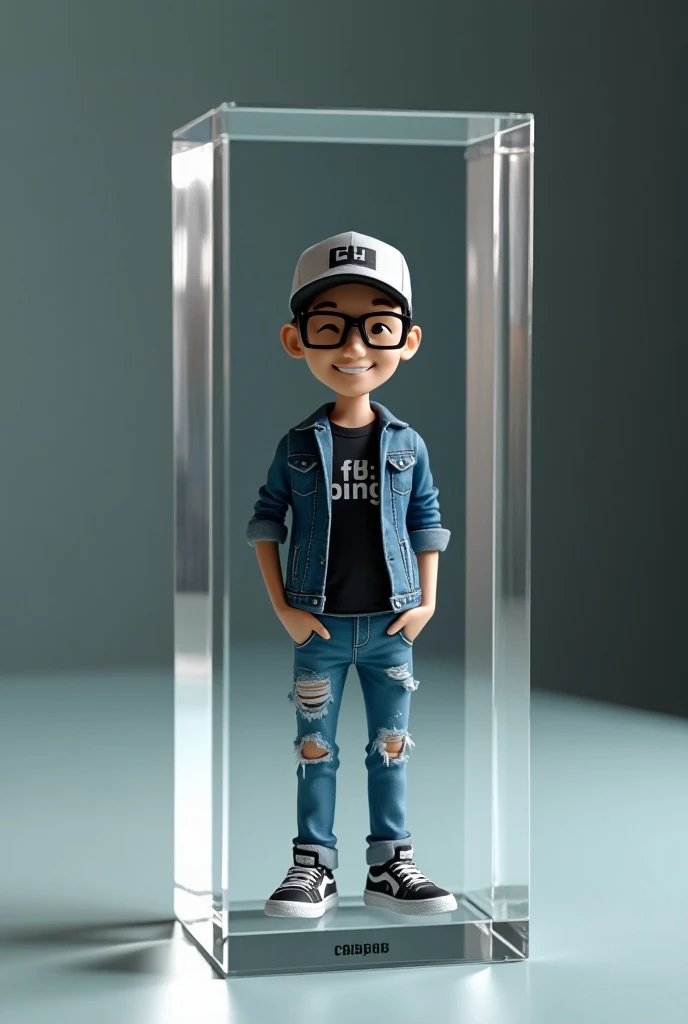  crystal glass box resembling award ,  with FB icon logo , written with name "Pamor "  inside is a miniature Indonesian man with a smile face,  is 25 years old, wearing glasses,  wearing the best baseball cap , black t-shirt with writing "Bing",  blue jean...