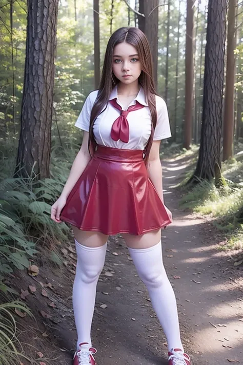   Cute teen beautiful curvy schoolgirl ,  beautiful cute teen face , red leather skater pinafore  ,  silk red tie, transparent white blouse with short sleeves , brunette long hair,  beautiful eyes. stockings,  Sneakers,  schoolgirl - standing in the woods ...