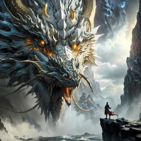 arafed dragon with a man standing on a cliff in the rain, chinese dragon concept art, highly detailed fantasy art, 4k highly detailed digital art, man with the soul of a dragon, highly detailed digital art, extremely detailed digital art, great digital art...