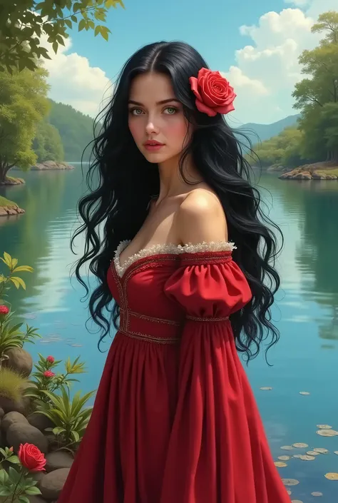 A beautiful woman standing next to a lake with roses, black wavy hair, with green eyes and a red dress from the time of 1472 with a rose in her hair 