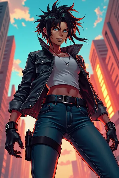 Heroic posing character, smirk, anime style, biker clothes, slim, dark skin, messy hair