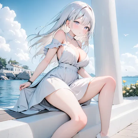 (( best quality, 8k, masterpiece: 1.3)), 1個giant breast girl, slim and beautiful: 1.3, (long white hair: 1.2), floral dress, lon...