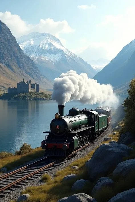 Steam train with mountains, a lake and a castle type Scotland