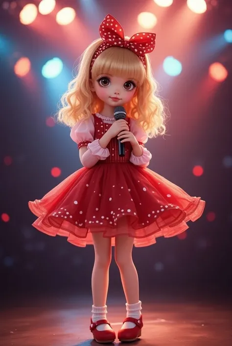  girl idol, female singer, brown eyes ,  microphone mobile, wearing a red doll sleeve skirt, white polka dots, decorated with a bow, Lolita style, colored hair Gold,  Natural Curly Hair , Red bow headband with polka dots ,  white socks, red shoes, stand on...