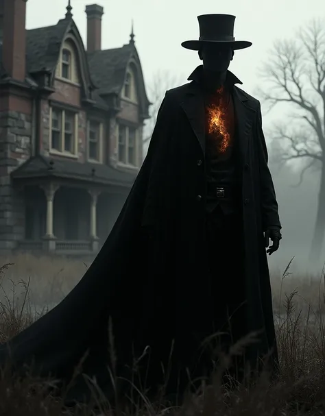 A Haunted Victorian Silhouette of Horseman where the essence is captured in stark black against a backdrop of a dilapidated Victorian mansion. Hints of eerie orange and Smocky grey emanate from within the silhouette, suggesting a haunting presence 