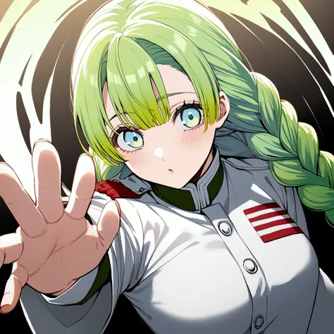  white and yellow-green gradation hair, long,  has large braids , With bangs, Light blue eyes,  small moles under both eyes , Kanroji Mitsurifu ,  is wearing Demon Slayer Corps uniforms 