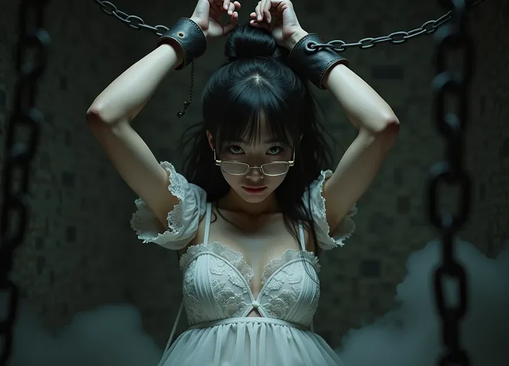 ((best quality)), ((masterpiece)), (detailed), 1girl, a beautiful  girl with black hair, messy bun, wearing glasses, 2 strands of hair at front and wearing a white lace dress. She Is standing and her wrists are handcuffed with iron steel cuffs and chained ...