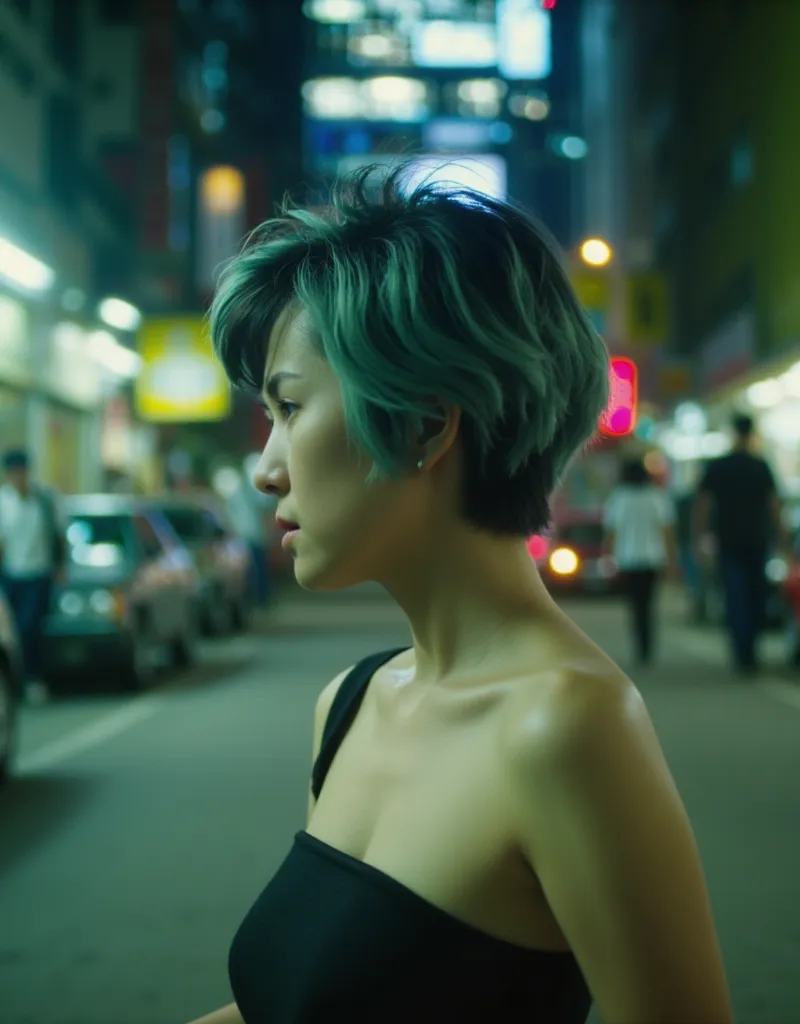 cinematography, wong kar-wai、profile portrait of a japanese woman、age 25，disheveled short light blue hair，she is wearing a black...