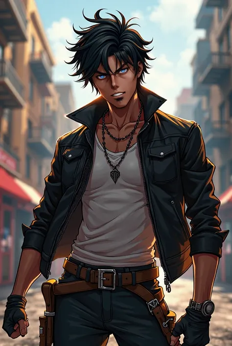 Heroic pose, man, smirk, anime style, biker clothes, slim, dark skin, messy hair