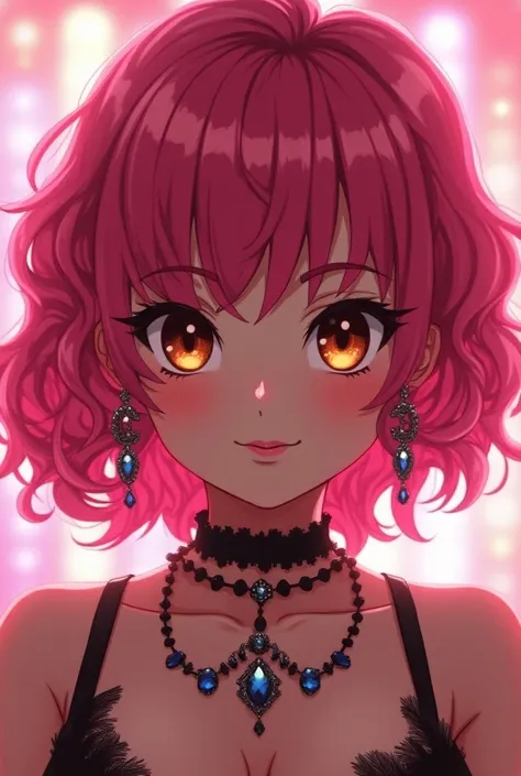 Young Japanese idol with brown almond eyes, round face, pink curly hair, big lips, flashy earrings, flashy necklace, erotic smile