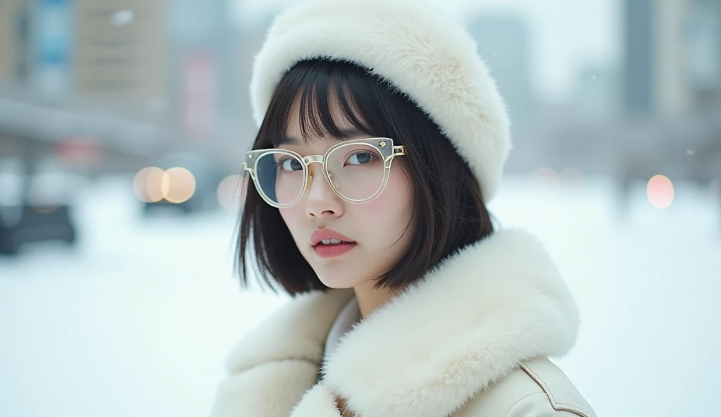  majestic Japanese woman with short bob hair,Music album cover style, fashionable coat, The latest glasses, All white, The background is a city,