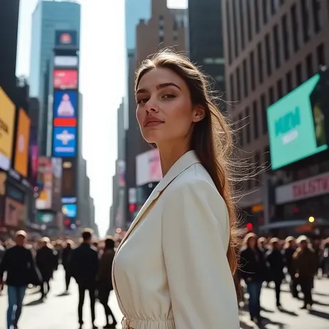 A young beautiful woman posing for a photo in New York Times Square