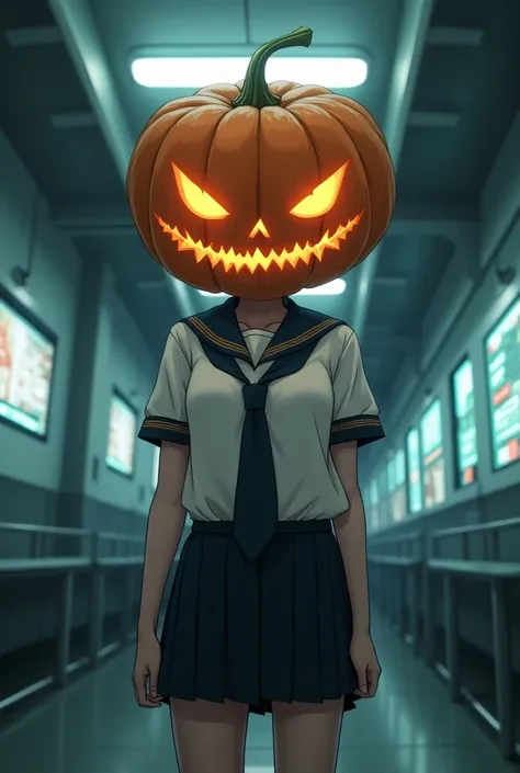 Girl with the head of an evil pumpkin wearing sailor-type schoolgirl clothes at a school saying hello at the anime-type tech 