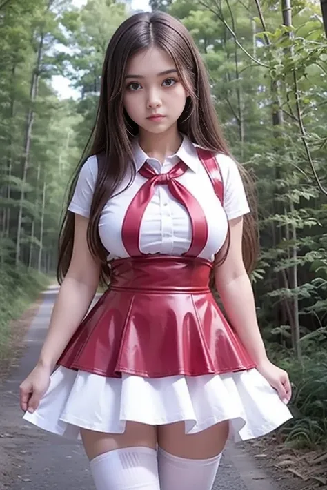   Cute teen beautiful curvy schoolgirl ,  beautiful cute teen face , red leather skater pinafore  ,  silk red tie, transparent white blouse with short sleeves , brunette long hair,  beautiful eyes. stockings,  Sneakers,  schoolgirl - standing in the woods ...