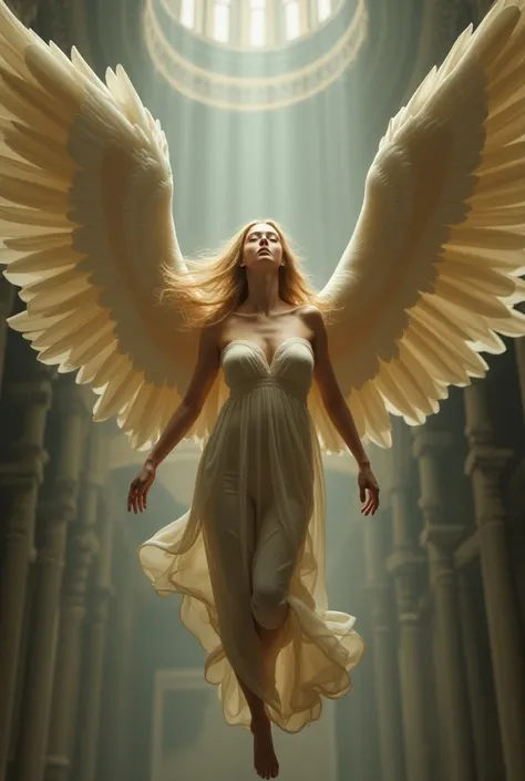 Renaissance woman falling, giant angel wings, loose see through clothing, long blonde angelic hair