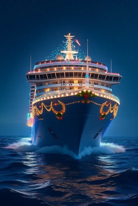 Design a realistic T-shirt featuring a large cruise ship decked out in Christmas lights and decorations. Include festive elements like wreaths, ornaments, and a glowing Christmas tree on the deck with ocean waves in the background