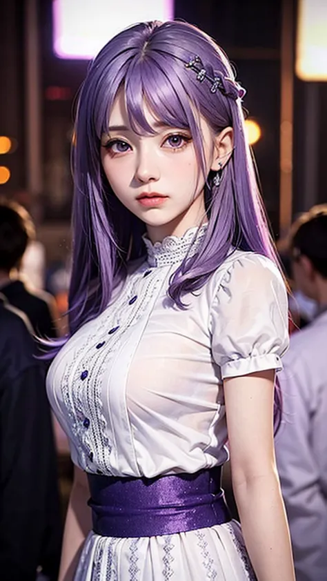 best quality , high quality,  a cute girl , alone, beautiful purple hair, beautiful purple eyes,  faint smile ,