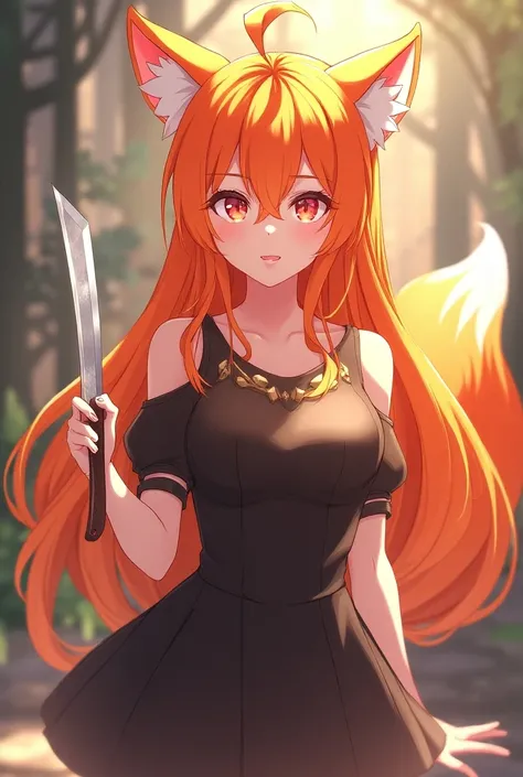 Anime girl with orange fox ears and tail, with long hair, playful and seductive eyes, with a knife 